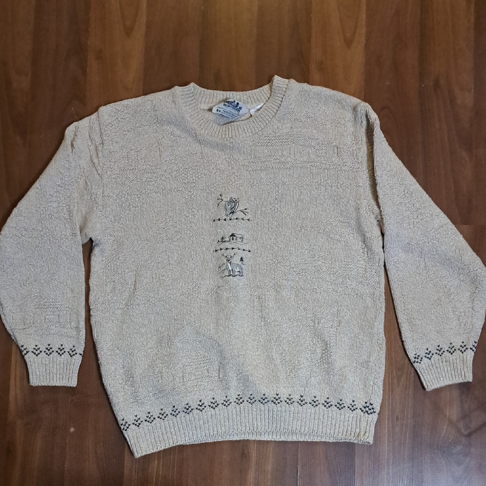 Northern Reflections Cream Textured Crewneck Sweater with Subtle Navy Embroidery